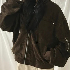 Faux two-piece hooded biker jacket in brown, hood up