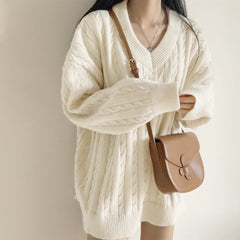 V-neck Mid-length Sweater Thick Long-sleeved Knitted Top