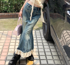 Vintage Lace Trim Maxi Denim Skirt