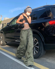 Tie Strap Parachute Baggy Cargo Pants - fairypeony