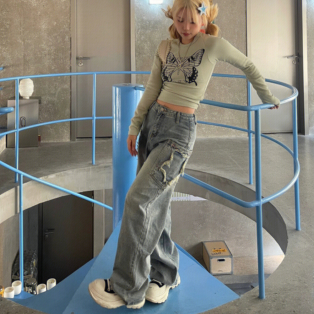 Vintage Wash Star Patch Boyfriend Jeans - fairypeony