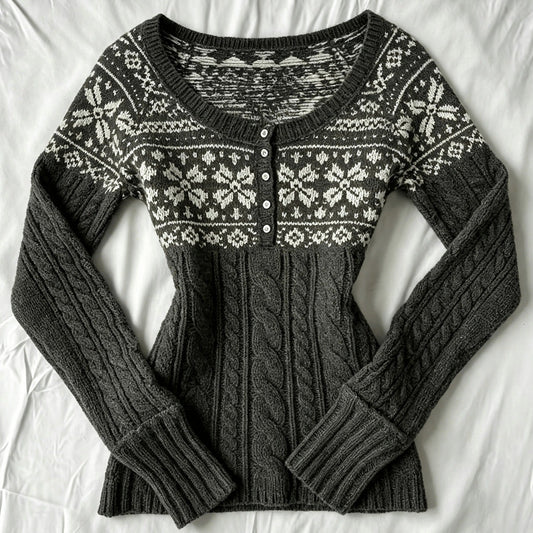 2000s Fair Isle Cable Knit Round-Neck Button Cardigan – Jacquard Snowflake Knit in Dark Gray S–XXL