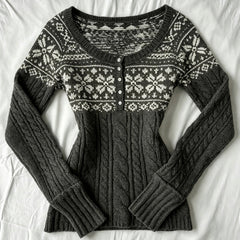 2000s Fair Isle Cable Knit Round-Neck Button Cardigan