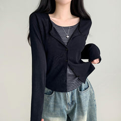 Vintage Fake Two Pieces Striped Long Sleeve Tee