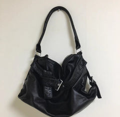 Vintage motorbike leather shoulder bag in Black, front view