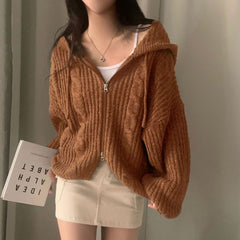 Solid Color Cable Knit Oversized Hooded Zipper Cardigan