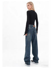 Vintage Washed Distressed Wide-Leg Jeans – High Waist Street Style Denim