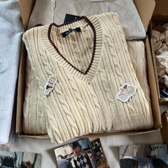 2000s Cream Cable Knit V-Neck Sweater – Preppy Brown Contrast Trim Pullover One Size