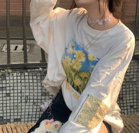 Aesthetic Daisy Print Oversized Long Sleeve Tee - fairypeony