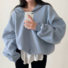 Solid Color Half Zip Up Oversized Sweatshirt - fairypeony