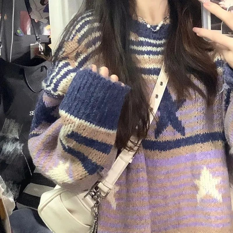 Contrast Color Stripe Star Jacquard Sweater - fairypeony