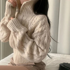 Solid Color Cable Knit Zip Up Cardigan