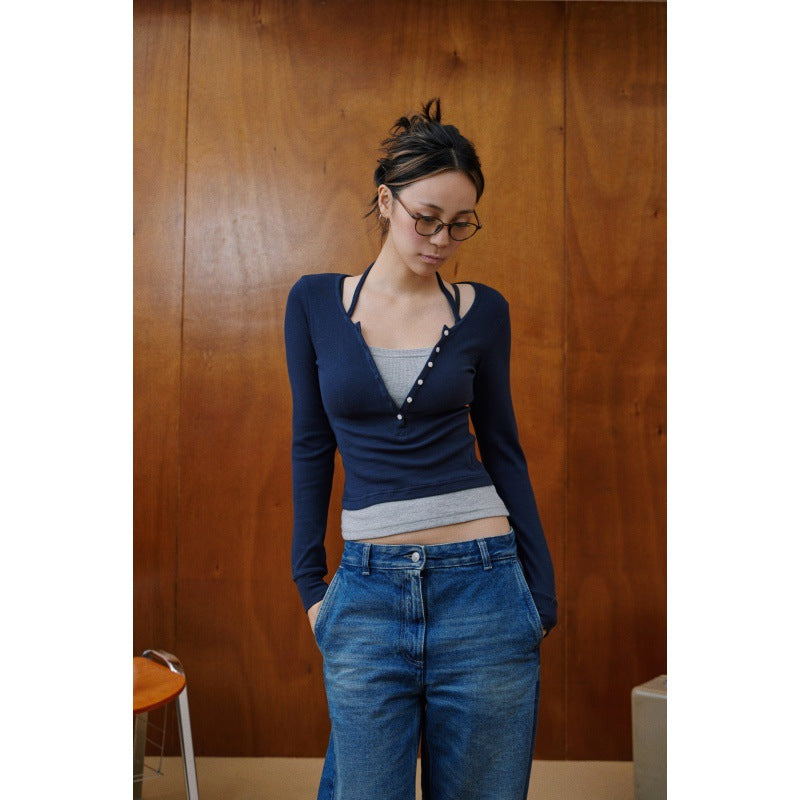 Fake Two Piece Halter Long Sleeve Tee - fairypeony