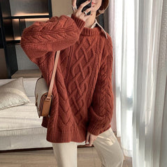 Round Neck Solid Color Cable Knit Sweater