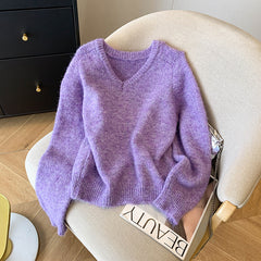 Elegant Solid Color V-Neck Soft Pullover Sweater for Women