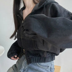 Vintage Denim Oversized Zip Up Hooded Jacket