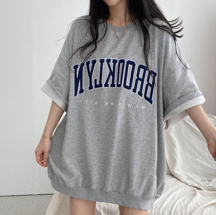 Embroidery Letter Oversized Half Sleeve Tee - fairypeony