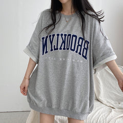 Embroidery Letter Oversized Half Sleeve Tee - fairypeony