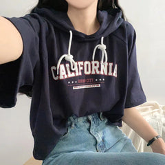 Embroidered Letter Short Sleeve Hooded Tee