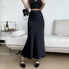Solid Color Flared Satin Maxi Skirt