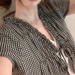 Aesthetic Ruffled V-Neck Fake Two Piece Blouse