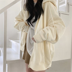 Solid Color Zip Up Oversized Hoodie - fairypeony