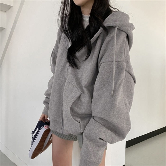 Solid Color Zip Up Oversized Hoodie - fairypeony