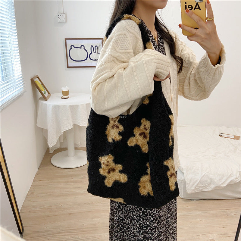 Fuzzy Teddy Bear Reversible Shoulder Bag - fairypeony