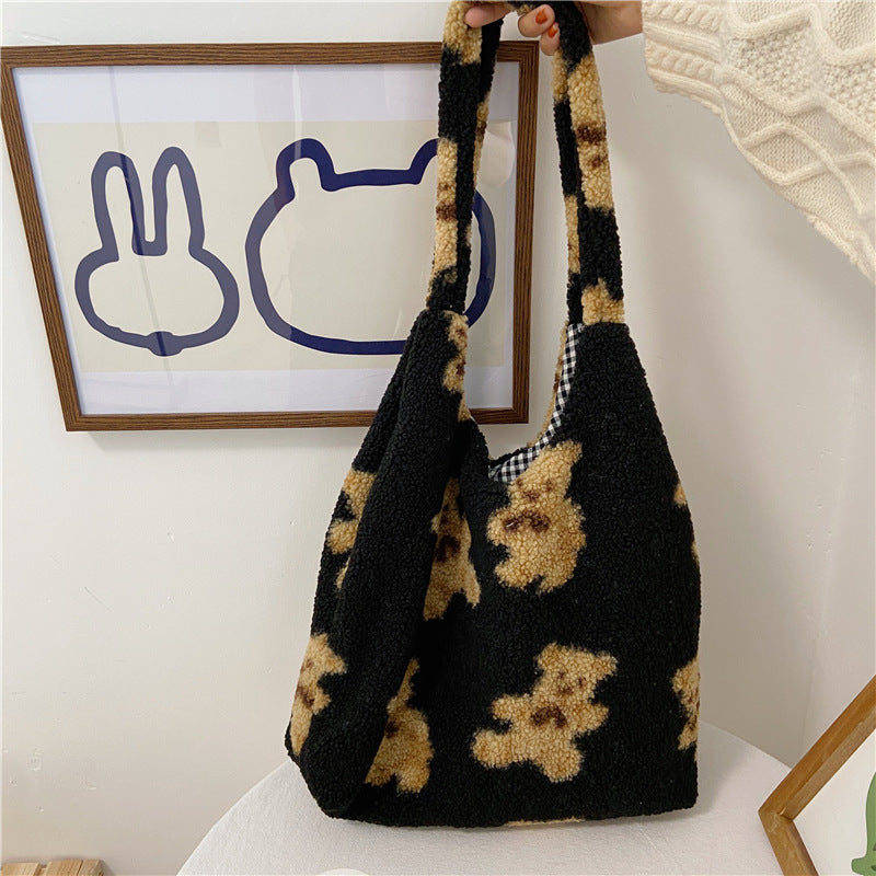 Fuzzy Teddy Bear Reversible Shoulder Bag - fairypeony