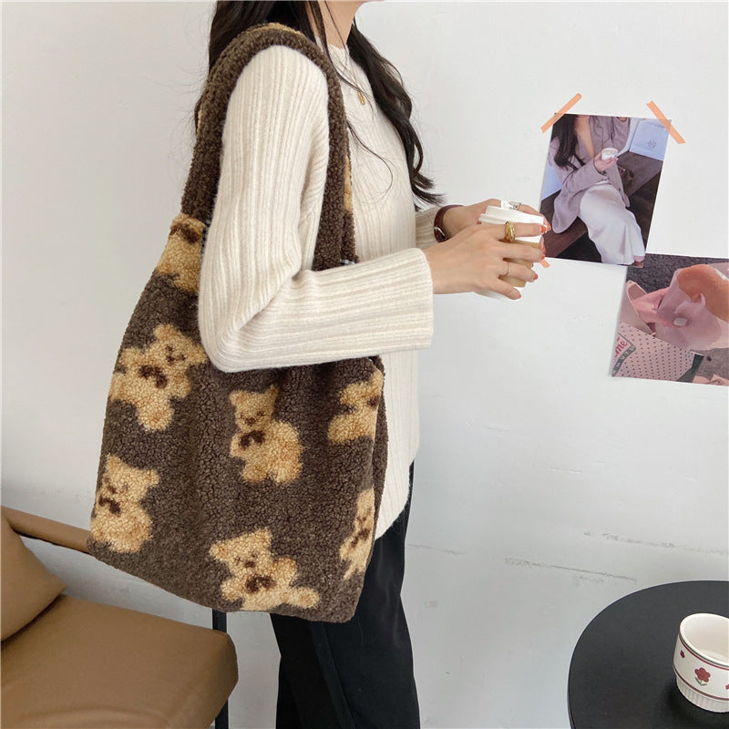 Fuzzy Teddy Bear Reversible Shoulder Bag - fairypeony