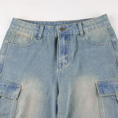 Washed Shirring Flap Pocket Cargo Jeans - fairypeony