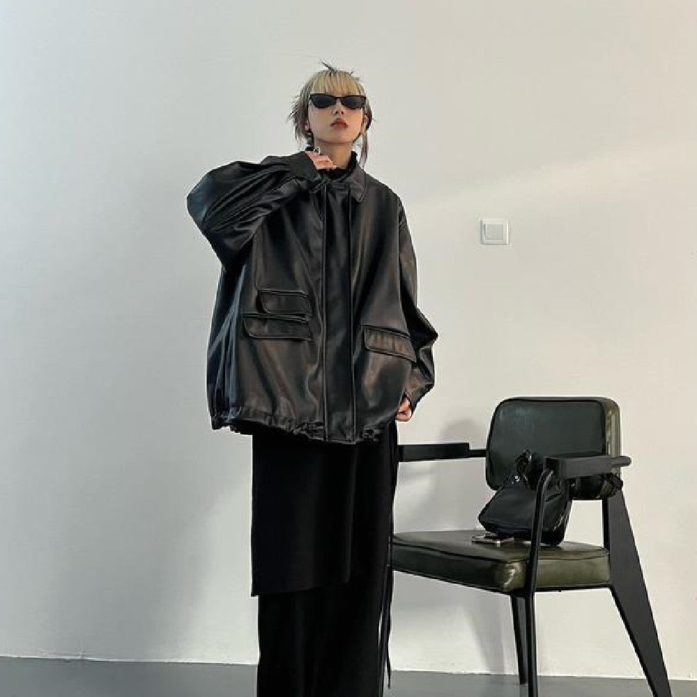 Oversized Black Faux Leather Jacket - fairypeony