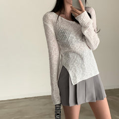 Solid Color V-Neck Elastic Knitted Tee