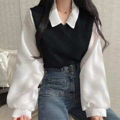 Polo Collar Patchwork Long Sleeve Blouse