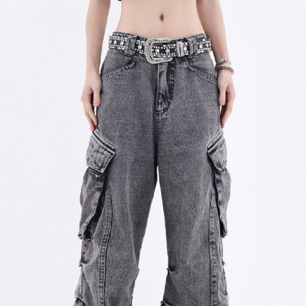 Acid Washed Baggy Cargo Jeans - fairypeony