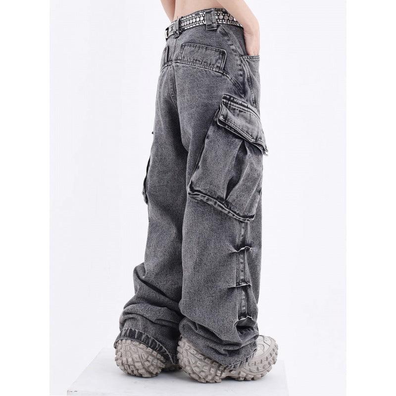 Acid Washed Baggy Cargo Jeans - fairypeony