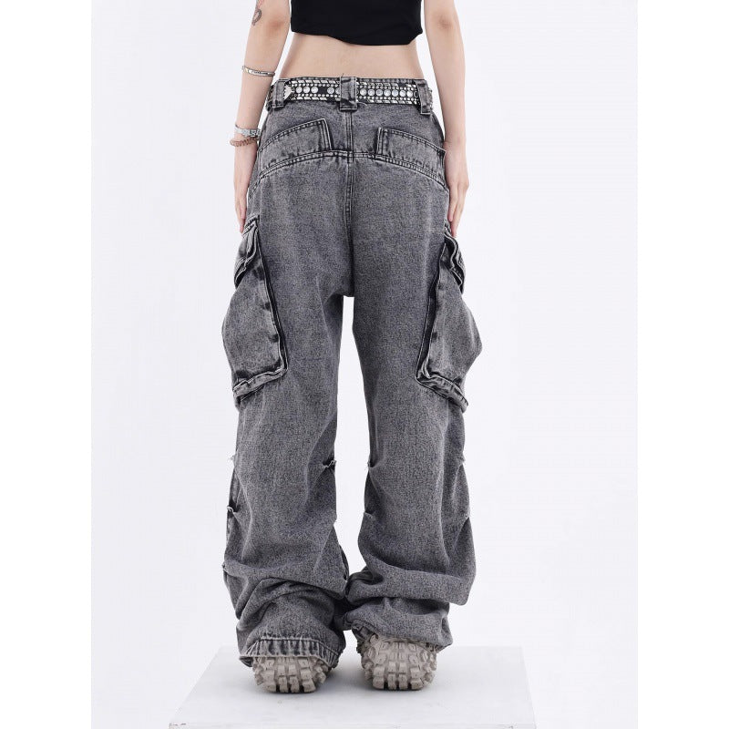 Acid Washed Baggy Cargo Jeans - fairypeony
