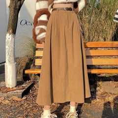 High Waist Corduroy Flared Maxi Skirt