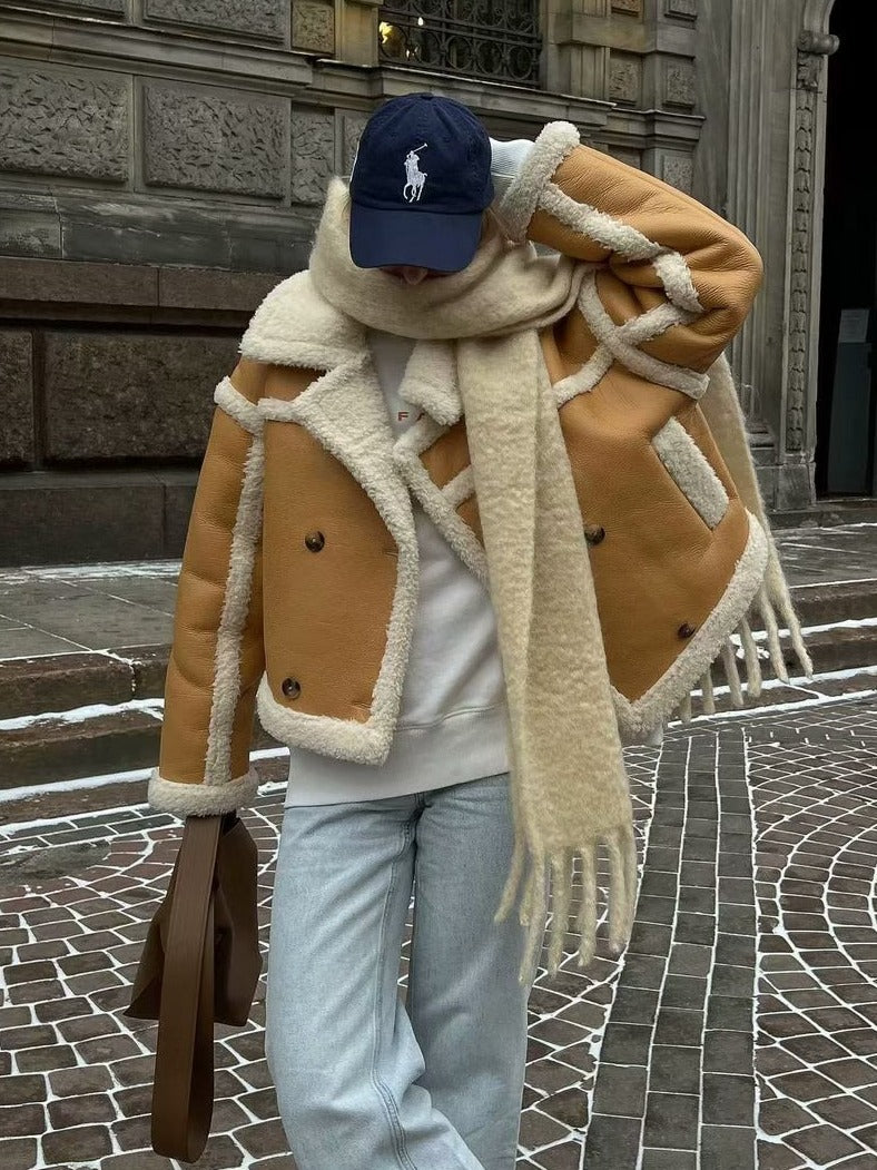 Lambswool Leather Splice Short Jacket - fairypeony