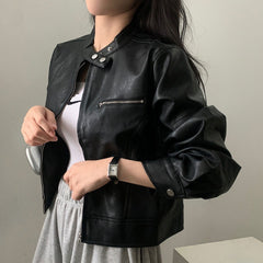 Zip Up Stand Collar Biker's Leather Jacket
