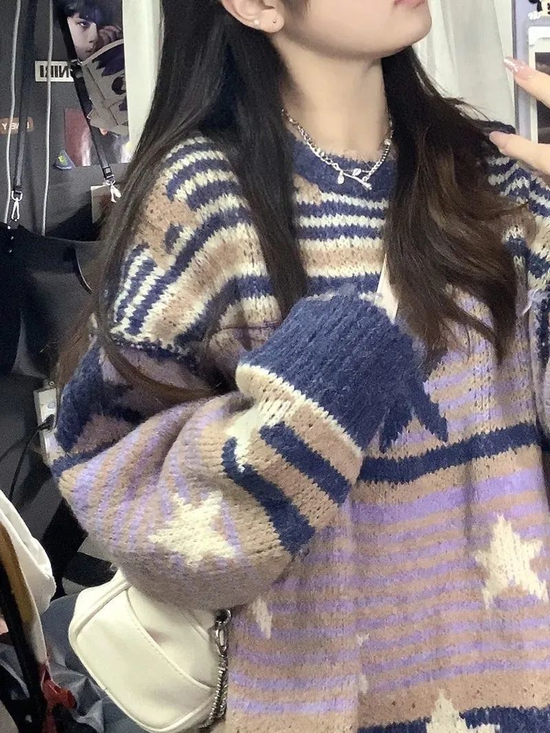 Contrast Color Stripe Star Jacquard Sweater - fairypeony