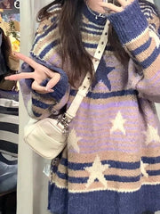 Contrast Color Stripe Star Jacquard Sweater - fairypeony