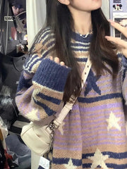 Contrast Color Stripe Star Jacquard Sweater - fairypeony
