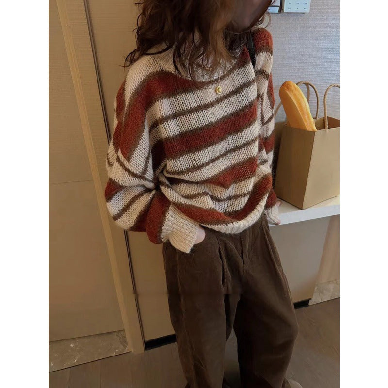 Contrast Color Striped Thin Sweater - fairypeony