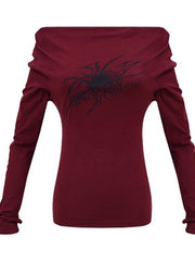 Spider Print Off Shoulder Slim Long Sleeve Tee - fairypeony