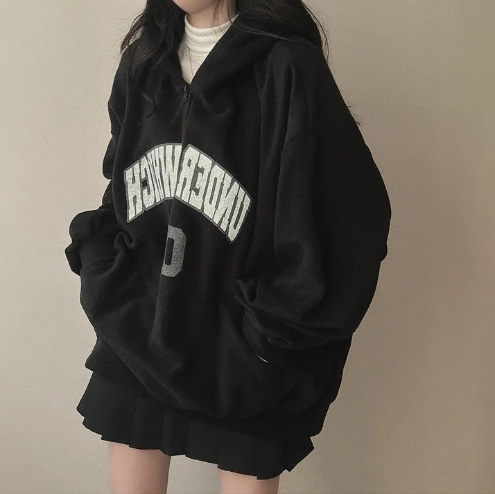 Letter Print Half Zip Oversized Hoodie - fairypeony
