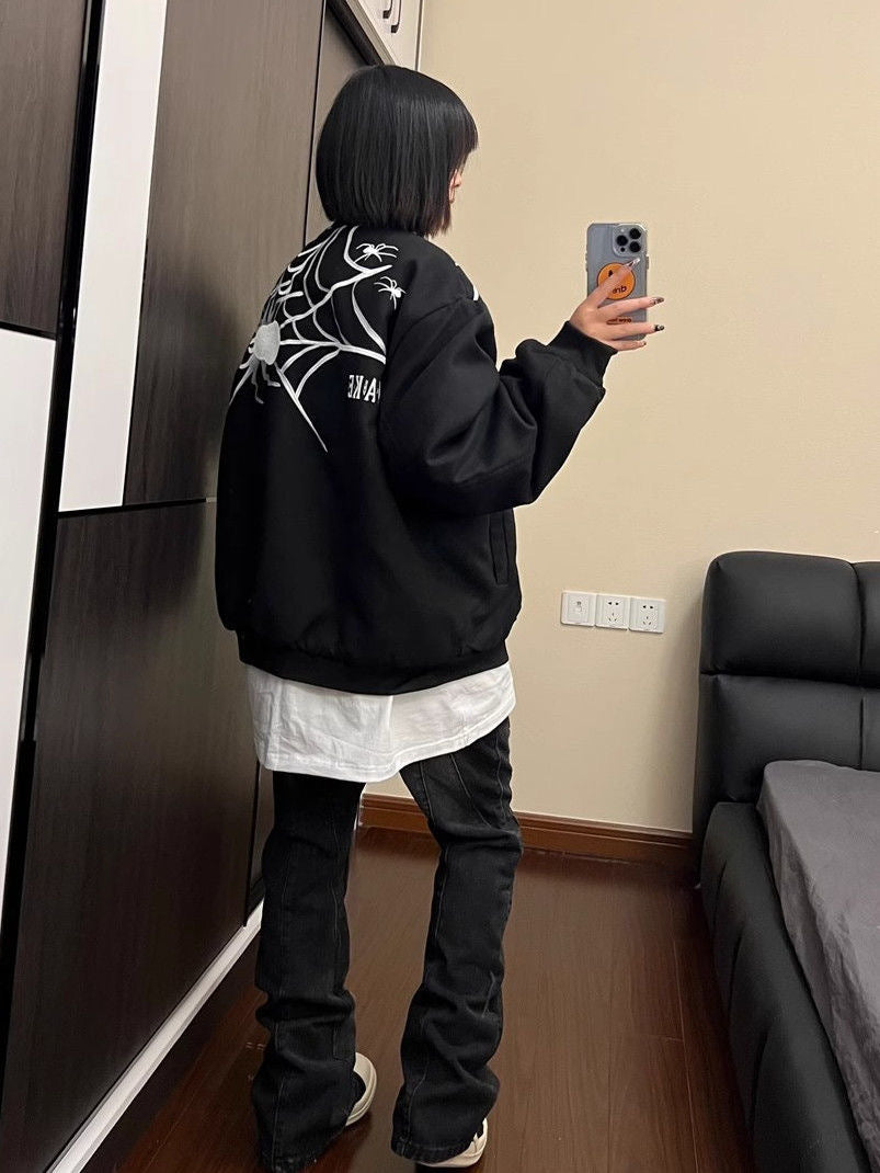 Embroidered Spider Web Oversized Jacket - fairypeony