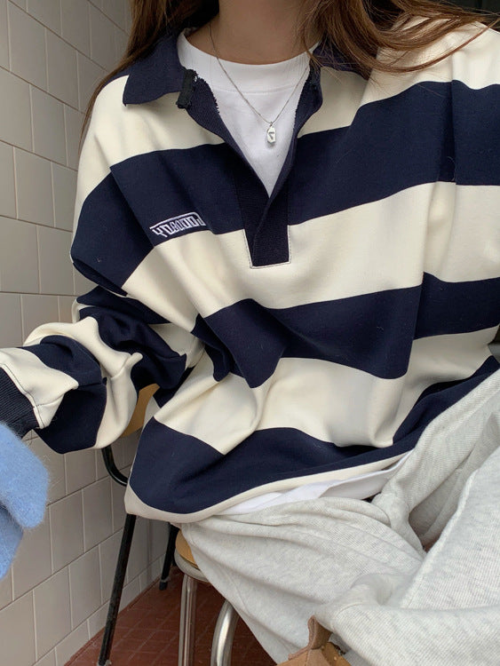 Vintage Polo Collar Striped Oversized Tee - fairypeony