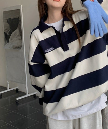 Vintage Polo Collar Striped Oversized Tee - fairypeony
