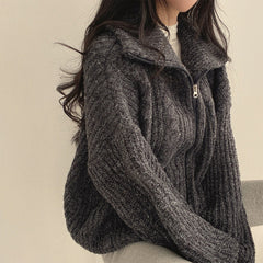 Cable Knit Oversized Zip Up Cardigan - fairypeony